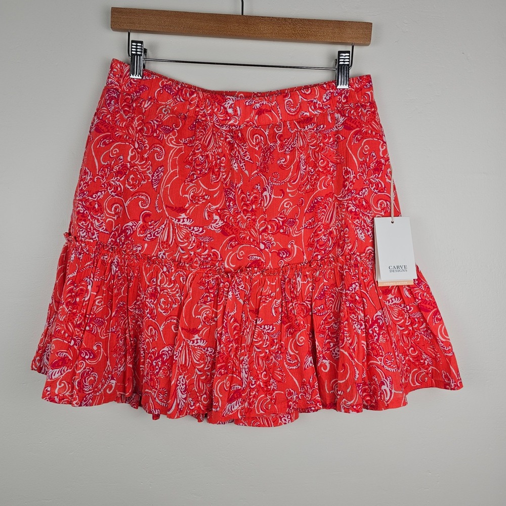 NWT Carve Designs Skirt Womens Medium Red Sienna Paisley Organic Cotton Tiered